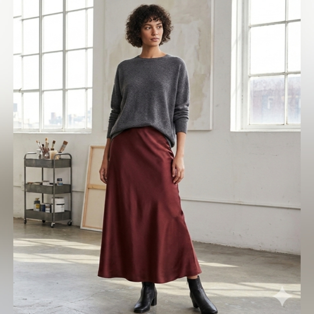 $278 Eileen Fisher Maxi Skirt Size S/LP Redwood Stretch Charmeuse Bias Silk